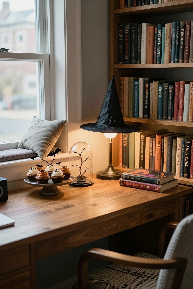 Wooden desk with bookshelves in a room lit by a lamp with black witch hat lampshade, Halloween cupcakes on a stand, glass dome containing branches and bats, gray pillow on window seat, and chair nearby.