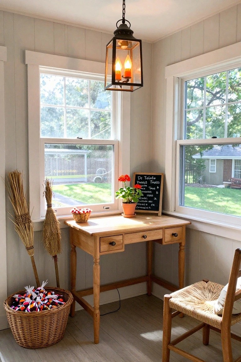 Cozy wooden desk corner with lantern, chalkboard, broom, and candy basket.