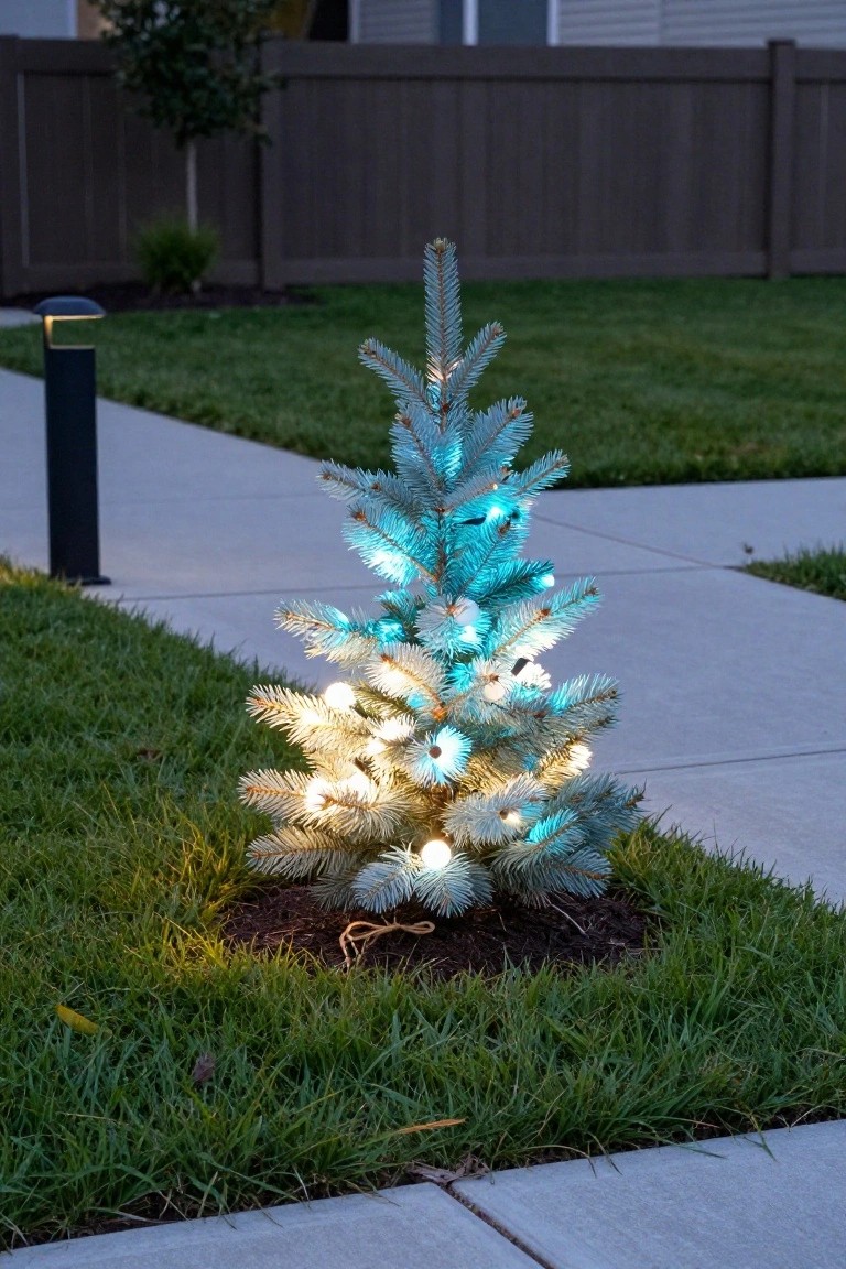 Small blue flocked Christmas tree with white and blue lights planted in a mulched bed on a grassy front lawn next to a concrete sidewalk at dusk, wooden fence and house in background.