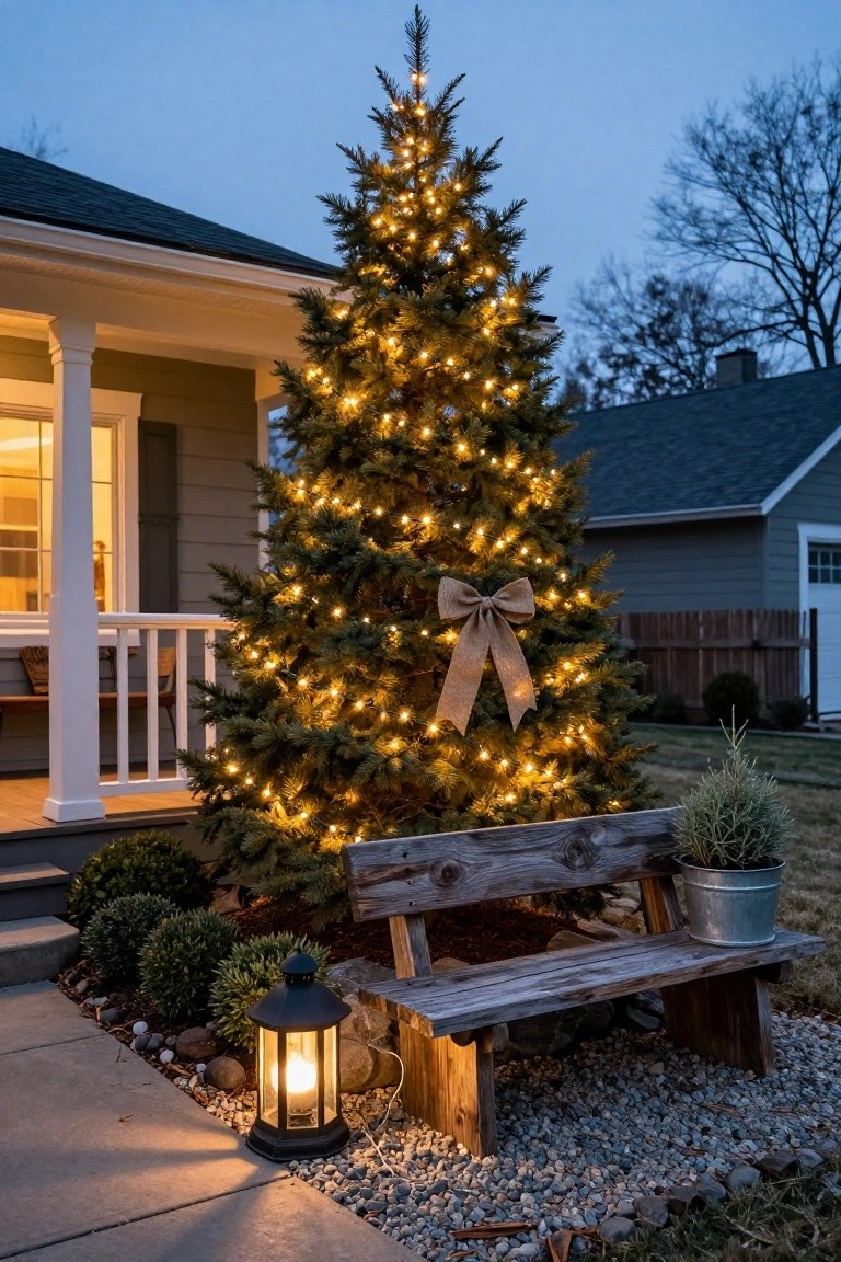 Lit Christmas tree beside a wooden bench with lantern at dusk.