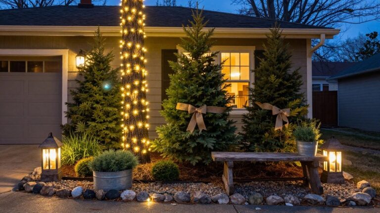 Two evergreen trees adorned with warm white lights and brown bows flank a cozy front porch, illuminated by lanterns and a rustic wooden bench.