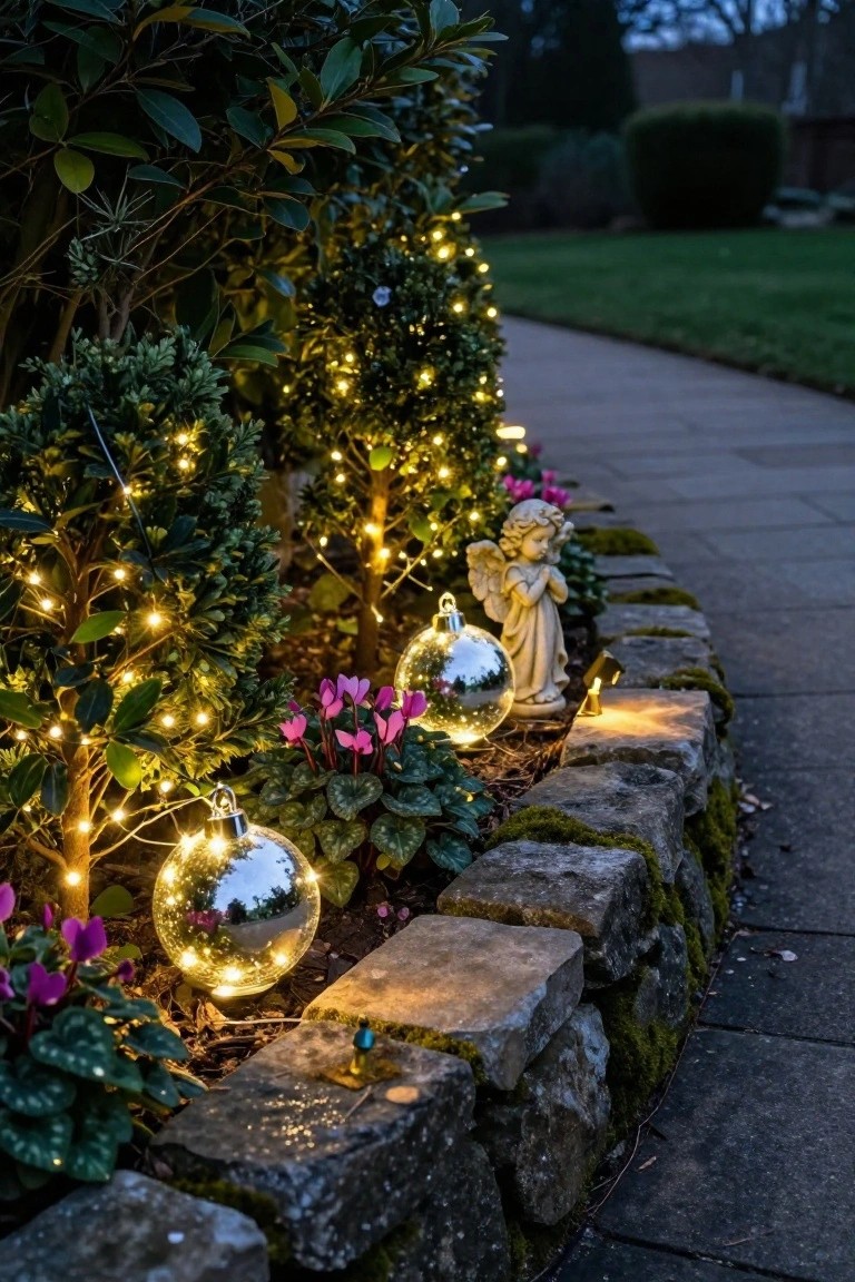 Close-up of a garden border featuring boxwood shrubs wrapped in fairy lights, large illuminated silver Christmas baubles, pink cyclamen flowers, a white stone angel statue, and a moss-covered stone wall beside a paved path at dusk.