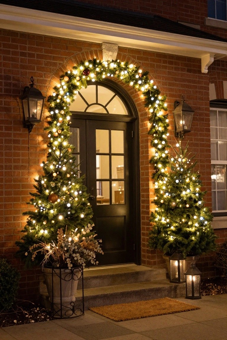 Nighttime view of a brick house front entrance with a black door under a garland-draped arch, flanked by two small lit Christmas trees in pots, lanterns nearby, and steps leading to a doormat.