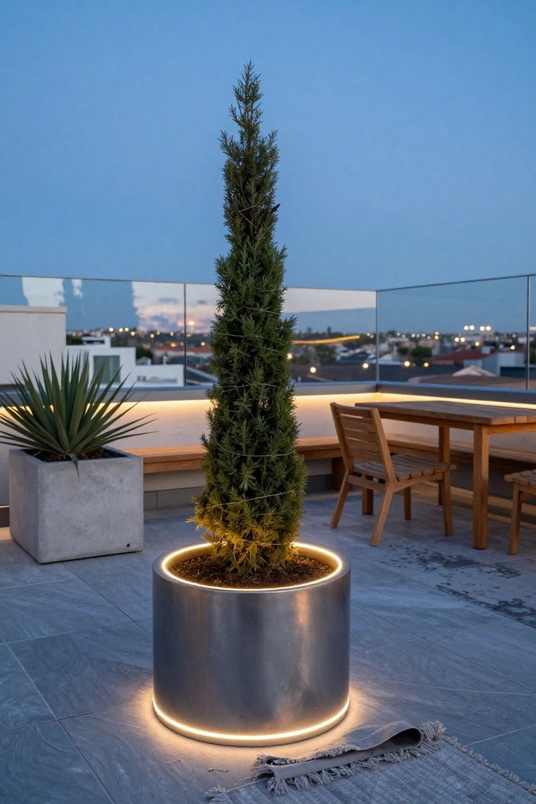 Tall slender conifer tree in large cylindrical metal pot with LED lighting around the base on a rooftop terrace at dusk, wooden table and chairs adjacent, agave plant in concrete pot, city lights in background.