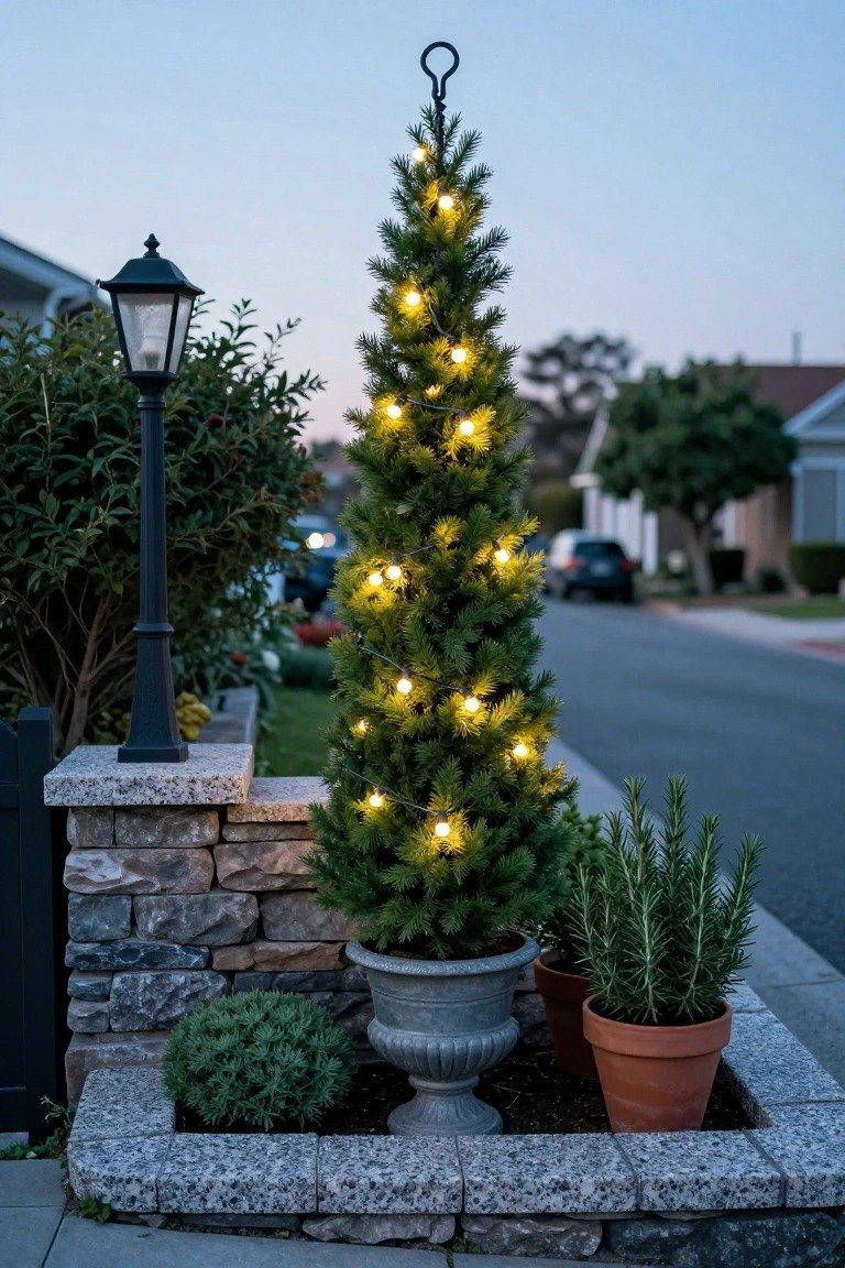Illuminated Christmas tree in stone planter beside black lamppost at dusk.