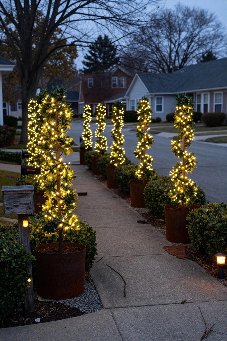 Neighborhood walkway at dusk lined with spiral topiary trees in tall metal pots wrapped in warm white string lights, flanked by houses and bare trees.