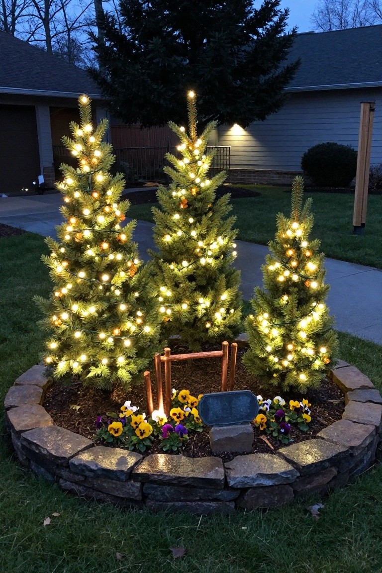 Three lit Christmas trees in stone-ringed garden bed with flowers.