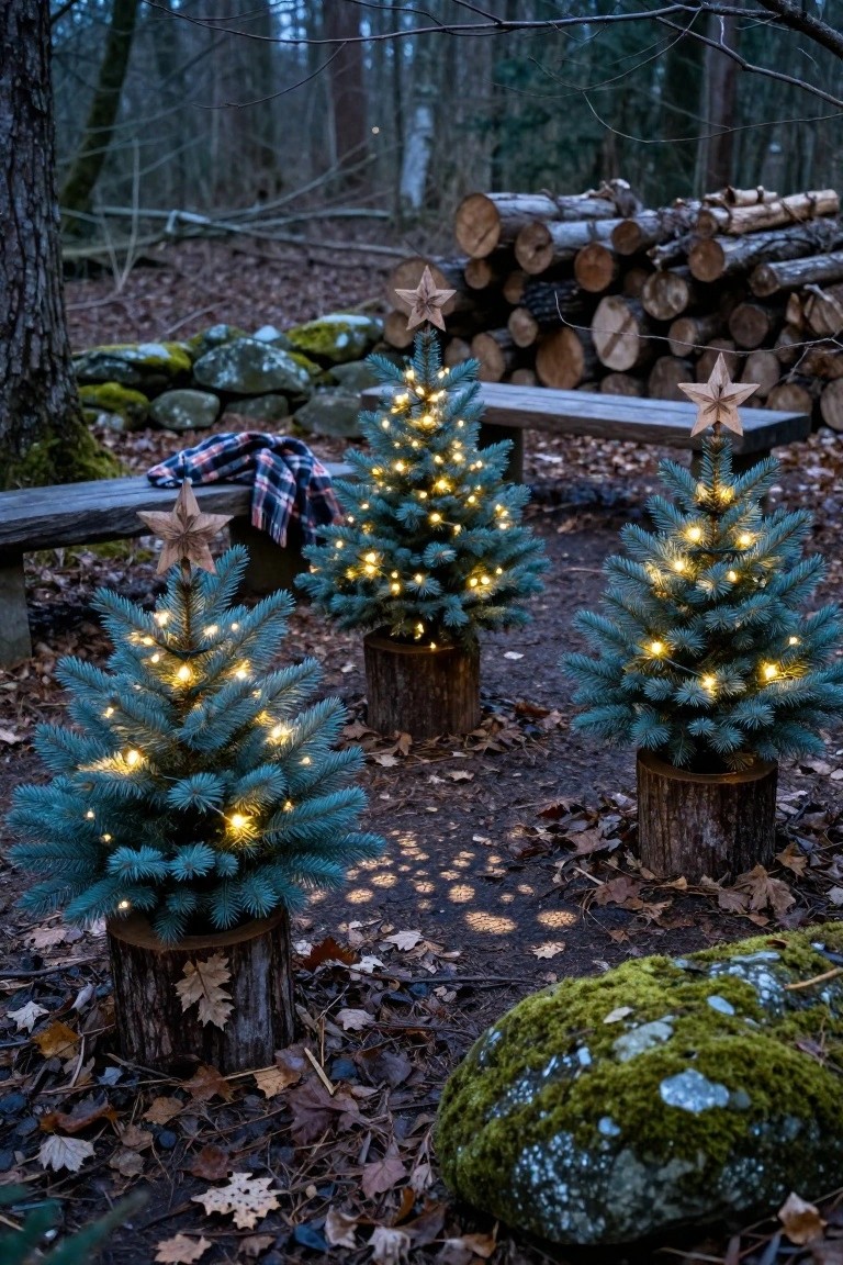 Three small blue artificial Christmas trees with white lights on log stump bases arranged in a woodland clearing near a wooden bench, plaid blanket, wood pile, and mossy rocks at dusk.