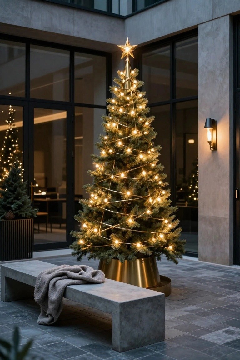 Tall artificial Christmas tree with warm white lights, gold star topper, and gold trumpet base positioned next to a concrete bench draped with a gray blanket in a modern glass-walled courtyard at night.