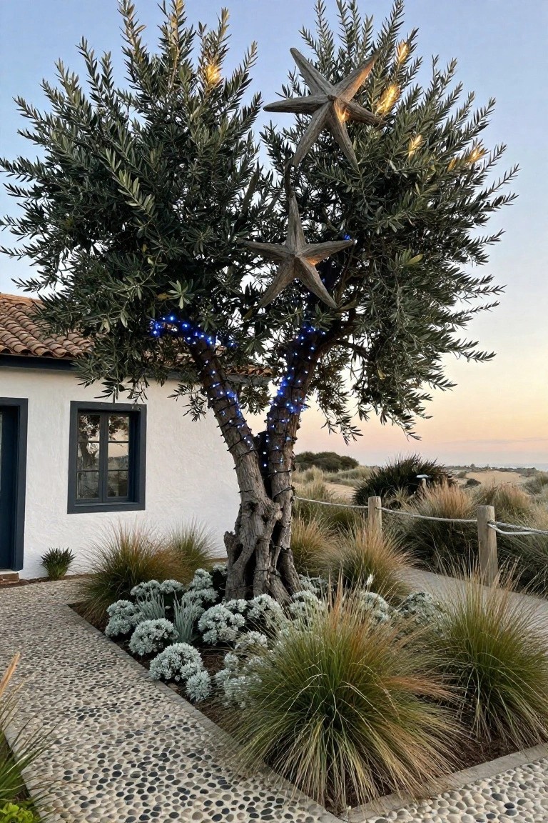 Mature olive tree wrapped in blue string lights with large wooden starfish ornaments hanging from branches, positioned next to a white stucco house with red tile roof in a coastal garden with pebble path, grasses, and dunes at sunset.