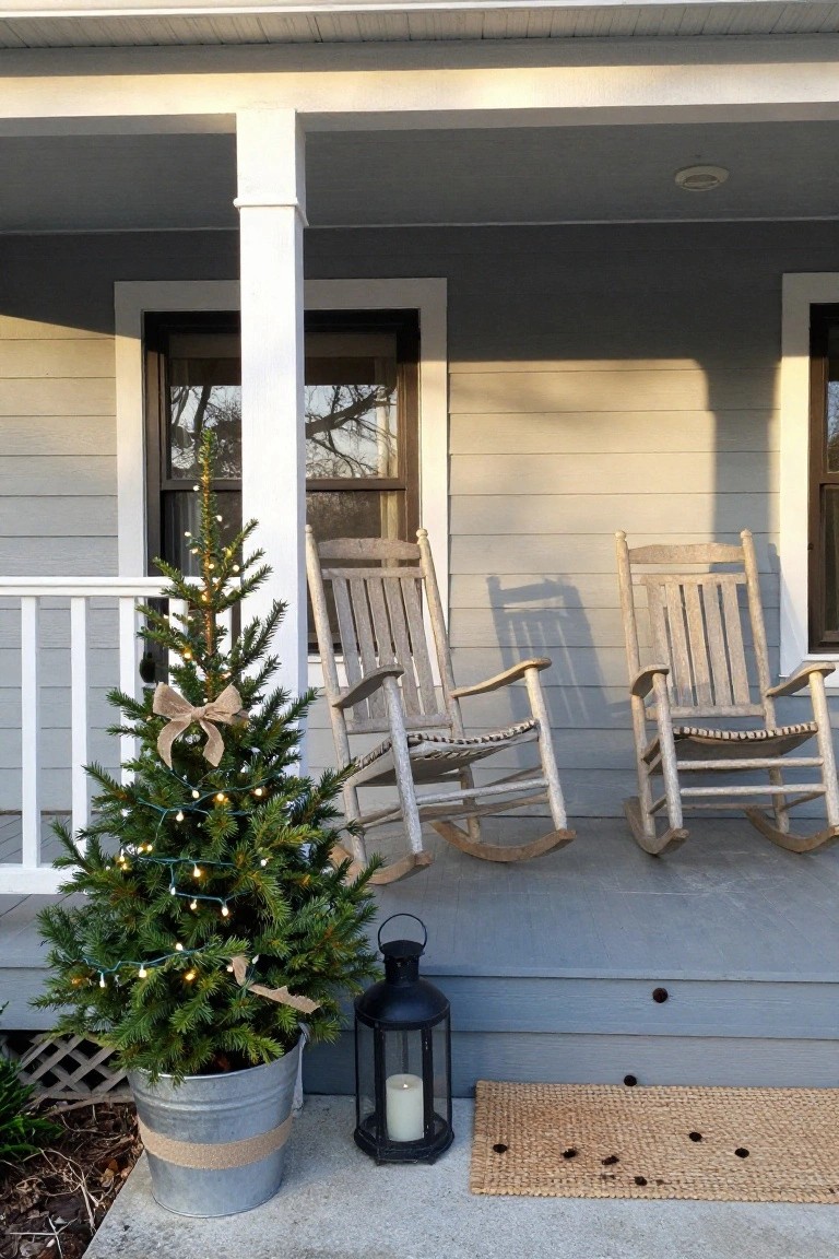 Small Christmas tree with string lights and burlap bow in a galvanized metal bucket on a front porch next to two wooden rocking chairs, with a black lantern and seagrass mat nearby against a light gray house exterior.