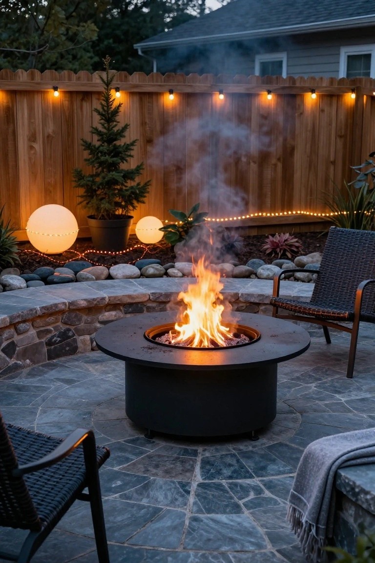 Backyard patio at dusk featuring a black round gas fire pit table with flames, two wicker chairs, a potted small evergreen tree by a wooden fence strung with lights, large glowing orb lights, and stone hardscaping.