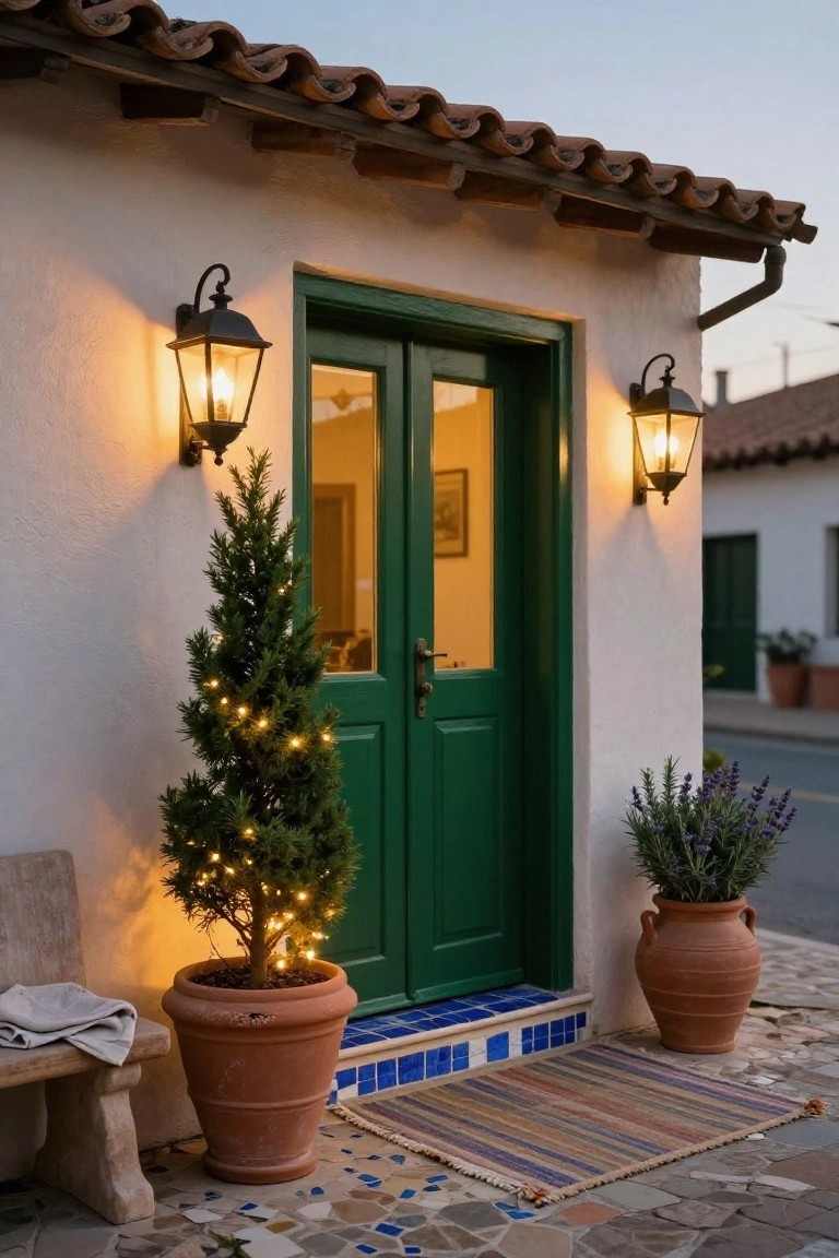 Cozy white house entrance with green door, lit lanterns, and potted plants.