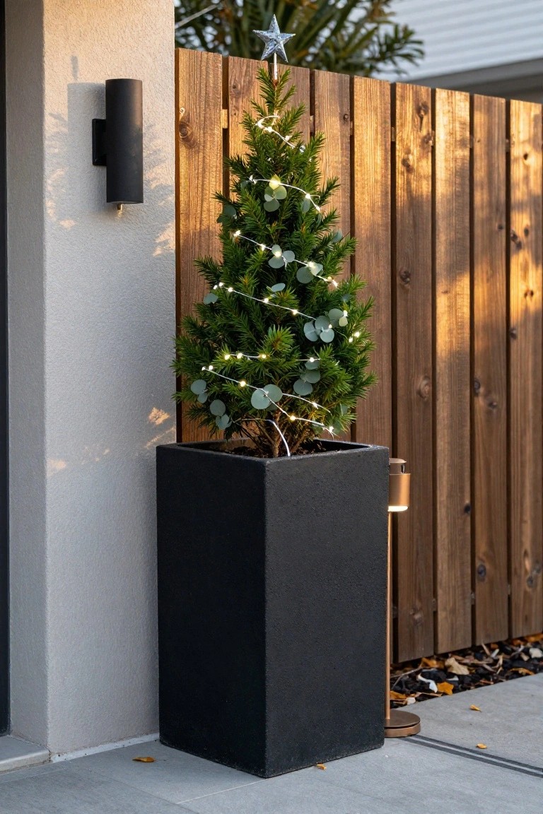 Small potted Christmas tree with fairy lights and eucalyptus branches in a tall black square planter next to a beige stucco house wall and wooden fence on a concrete patio, with black wall-mounted light fixture and copper floor lamp nearby.
