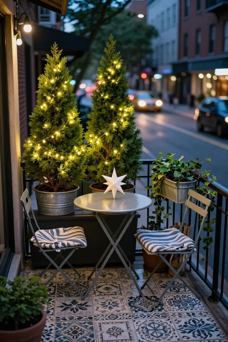 Small urban balcony at dusk featuring two lit potted evergreen trees in metal buckets flanking a round metal table and two folding chairs with striped cushions, ivy plants in containers, tiled floor, and street view beyond black railing.