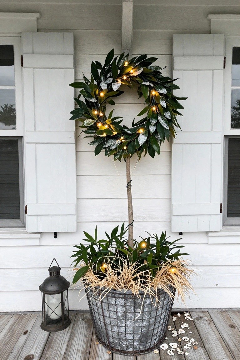 Tall potted plant topped with lighted magnolia wreath next to white house wall with shutters, galvanized metal bucket base, black lantern, and seashells on wooden porch deck