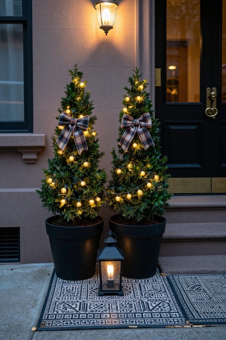 Two small potted evergreen trees lit with string lights and tied with plaid bows flank a black front door on a brick stoop, with black pots, a metal lantern, and patterned doormats on the sidewalk.
