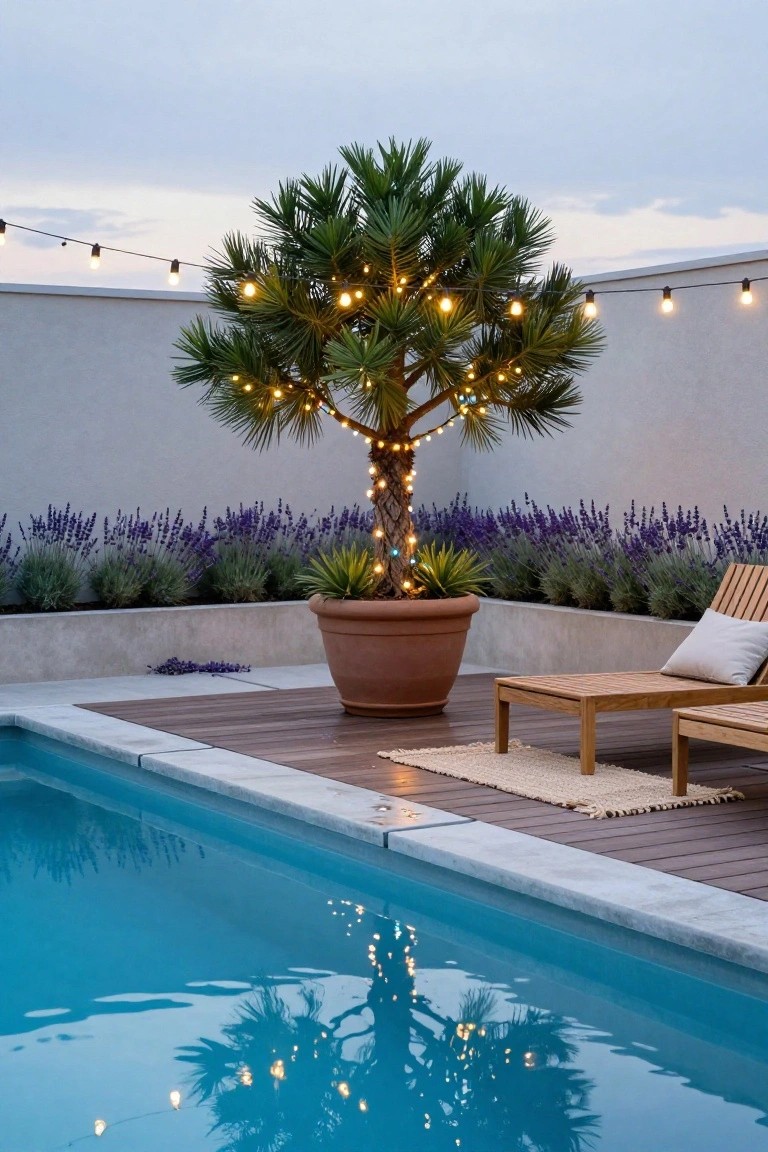 A potted palm tree wrapped in string lights stands on a wooden deck beside a blue swimming pool, with lavender plants along a white wall, a wooden lounge chair with cushion, and additional string lights overhead.