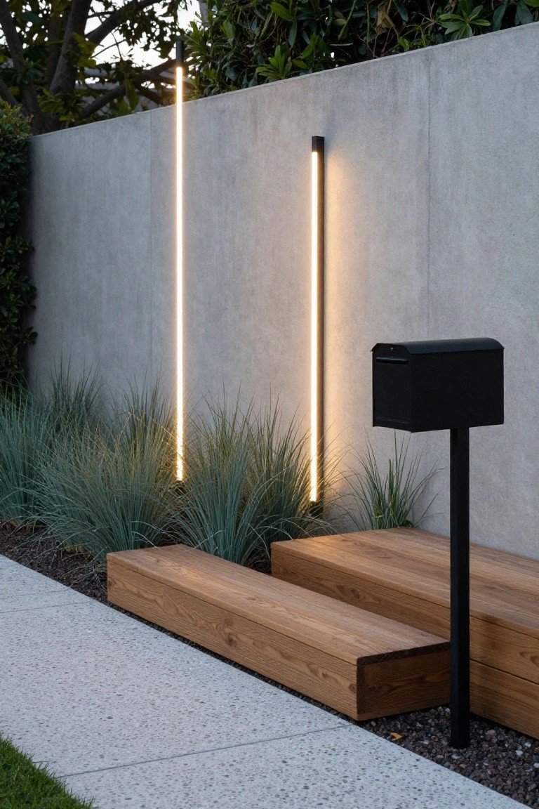 Tall vertical LED lights glowing yellow on a concrete boundary wall in a garden, with blue-green ornamental grasses at the base, wooden tiered bench steps, black metal mailbox post, and concrete path edged in pebbles.