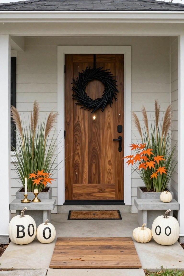 Front porch of a white house with shiplap siding and a dark wood door hung with a black twig wreath, pampas grass and orange maple plants in gray pots on either side, brass candles on stands, and two large white pumpkins painted with black "BOO" letters on the concrete steps.