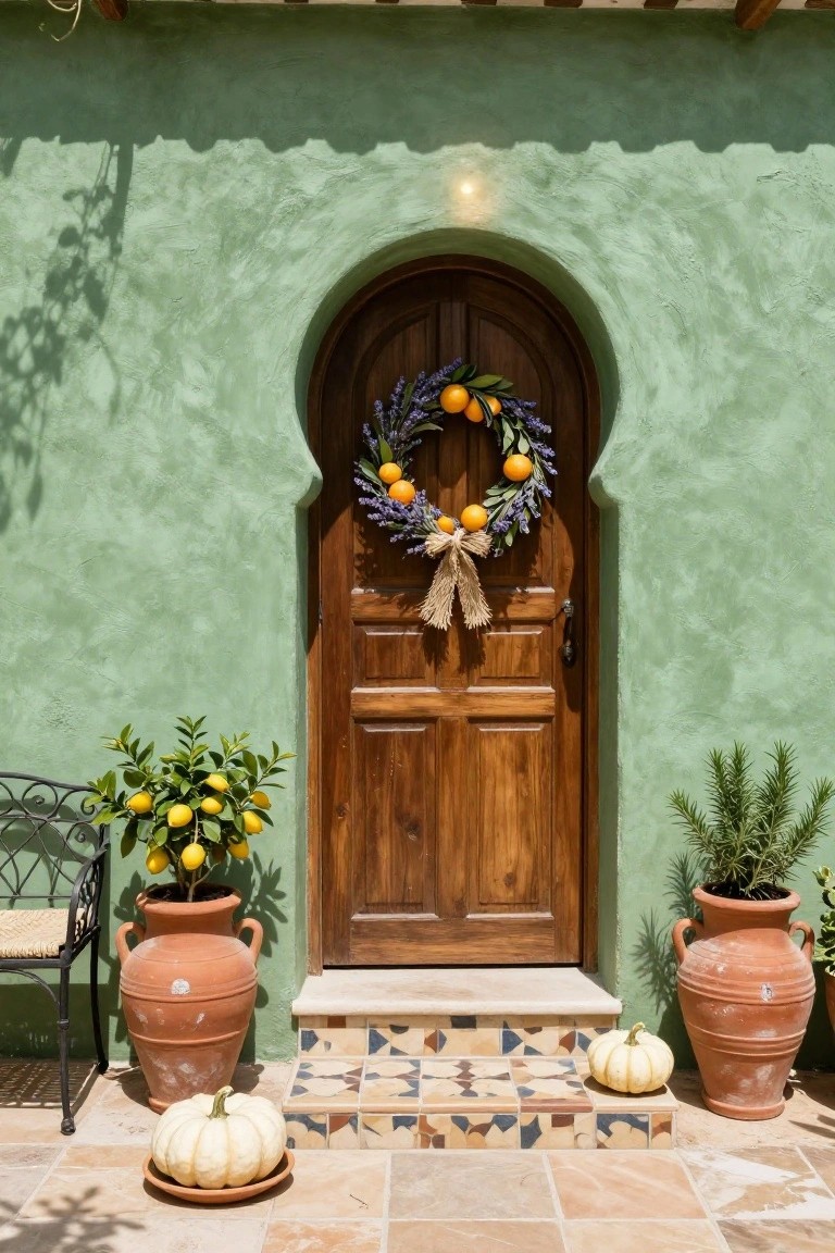 Arched wooden door on green stucco wall decorated with wreath of oranges, lavender, and burlap bow, flanked by potted lemon tree and rosemary in terracotta pots, with white pumpkins on colorful tiled entry steps.