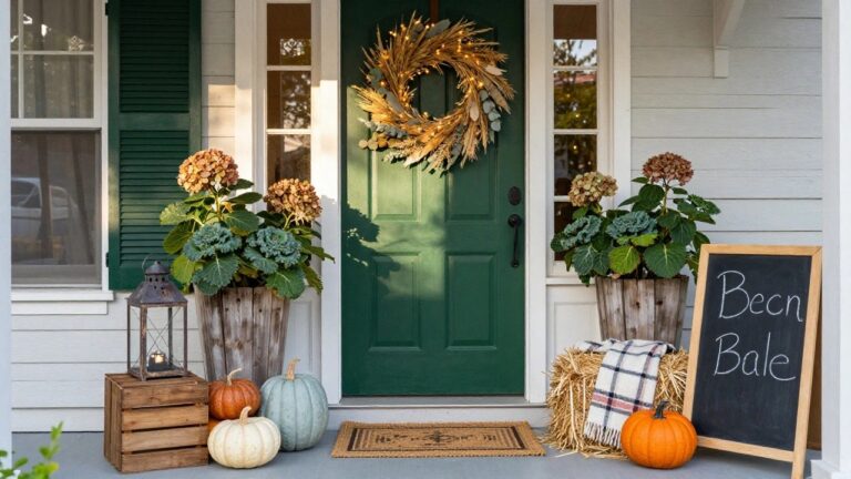 Arched green front door on white house with large wheat and eucalyptus wreath, flanked by wooden crates of kale and hydrangeas, cluster of pumpkins, metal lantern, plaid blanket, and freestanding chalkboard sign on porch stoop.