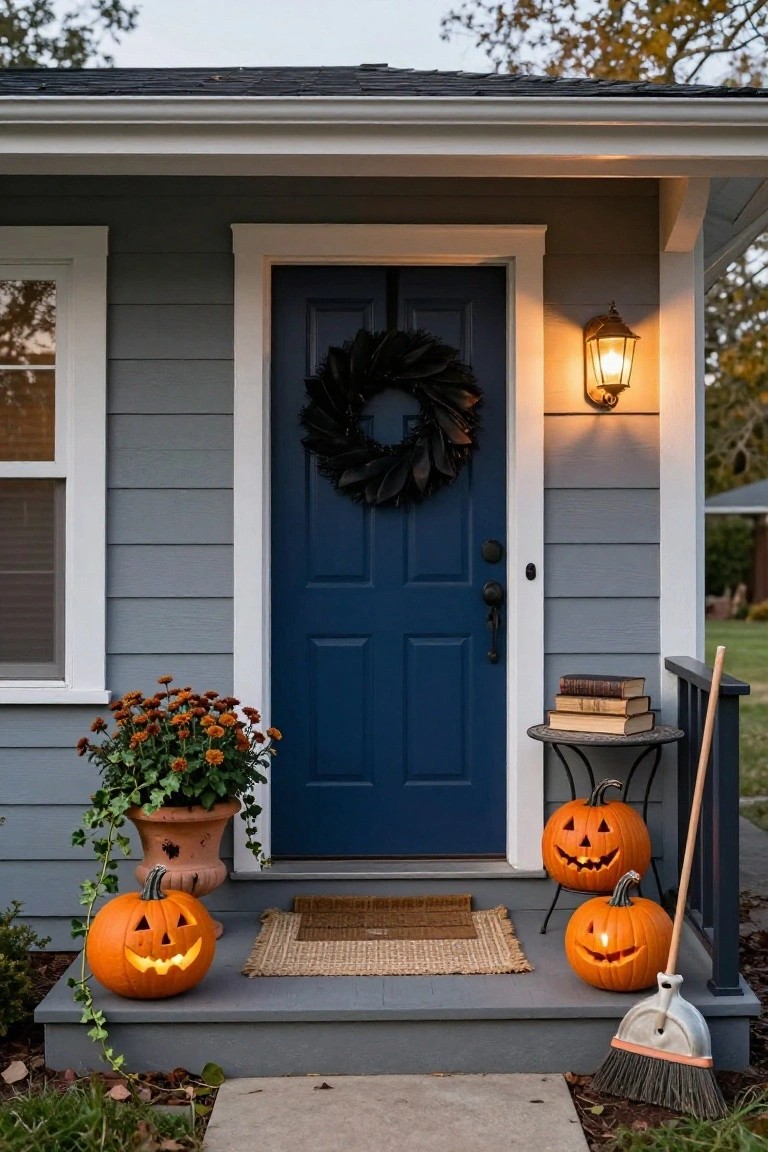 Gray sided house with blue front door and black wreath, three lit jack-o-lanterns on porch steps, potted plants, small table with stacked books, lantern light, and broom leaning on railing at dusk.