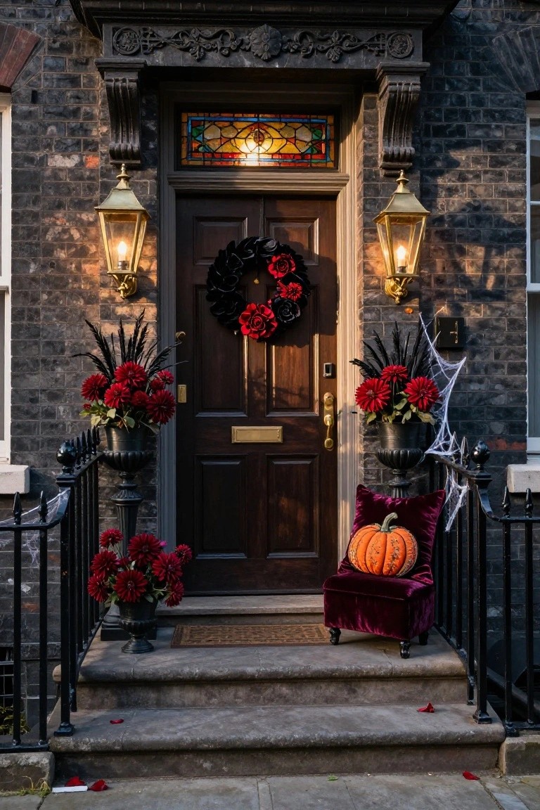 Dark wooden front door of a brick house decorated for Halloween with a large black wreath of red roses, flanked by black urns holding red flowers and black feathers, spider webs, brass lanterns, and a small purple velvet chair with an orange pumpkin on the steps.