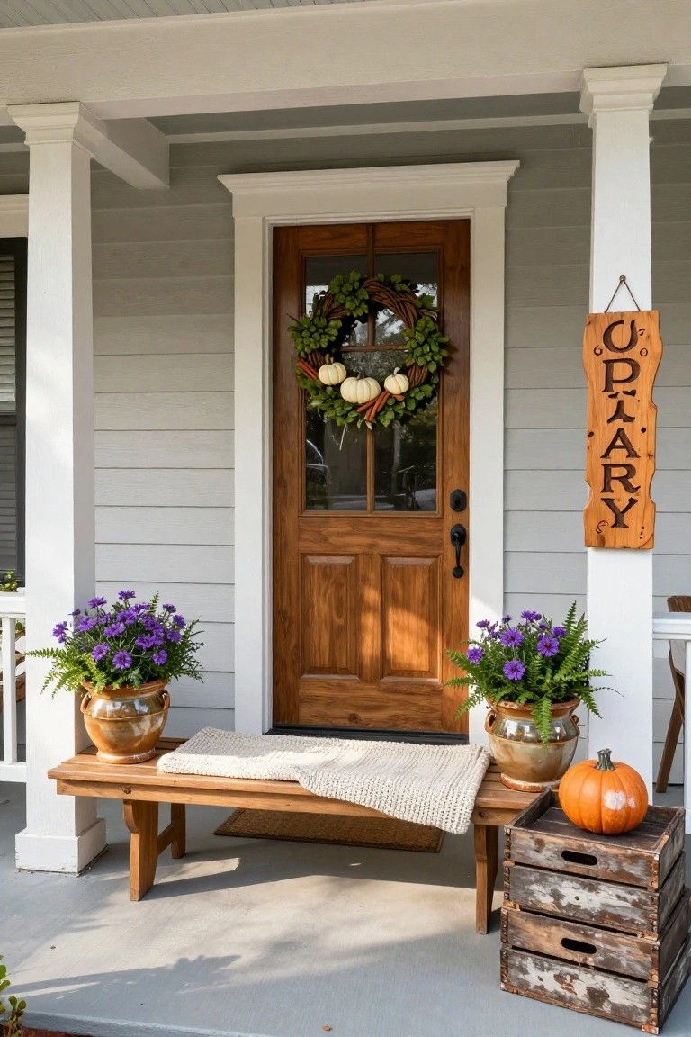 A gray clapboard house front porch with white columns framing a wood-paneled door decorated with a grapevine wreath holding white and orange mini pumpkins, flanked by purple flower pots on a wood bench with a white blanket, a tall carved wooden sign, stacked crates with a pumpkin, and potted ferns.