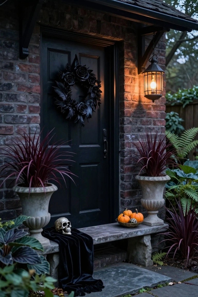 Dark brick doorway with black door, skull, pumpkins, and gothic wreath.