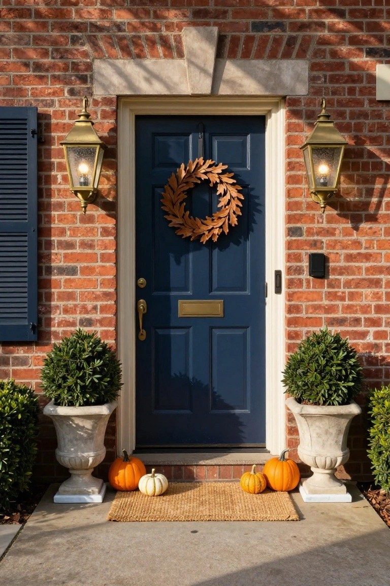 Navy front door on brick house with large autumn leaf wreath, flanked by brass lanterns and potted boxwood topiaries, small pumpkins on seagrass mat at base of steps