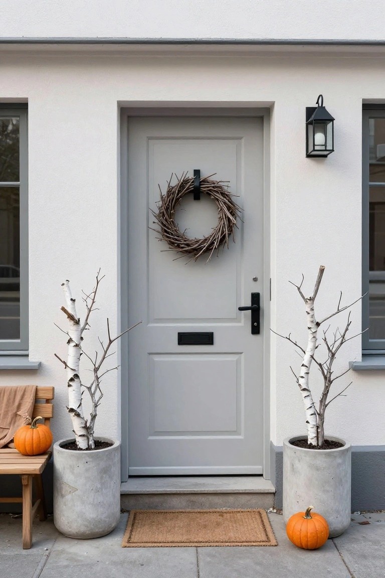 Gray door with twig wreath, flanked by potted birch branches and pumpkins.