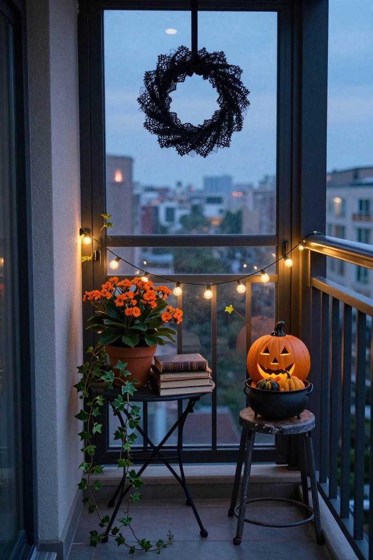 Balcony at dusk decorated for Halloween featuring string lights along the railing, orange potted flowers, ivy plant, stack of books on a small table, carved jack-o-lantern pumpkin, black cauldron with small pumpkins on a stool, black lace wreath on glass door, and cityscape view beyond metal railing
