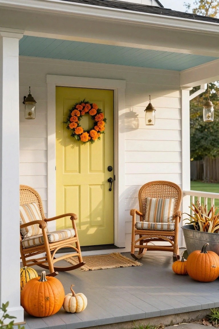 Yellow front door with orange marigold wreath on a white porch ceilinged in blue, flanked by lanterns, two wicker rocking chairs with striped cushions, metal bucket of dried cornstalks, and assorted pumpkins on the gray porch deck.