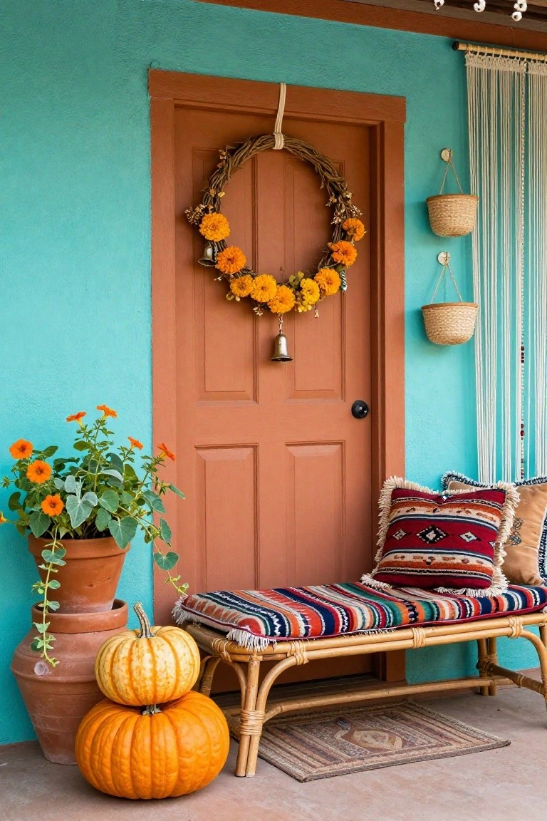 Teal stucco exterior wall and brown wooden door with a circular wreath of twigs, orange marigolds, and a bell, potted marigolds and two stacked pumpkins in front, rattan bench with colorful woven pillows, hanging baskets and macrame dividers nearby.