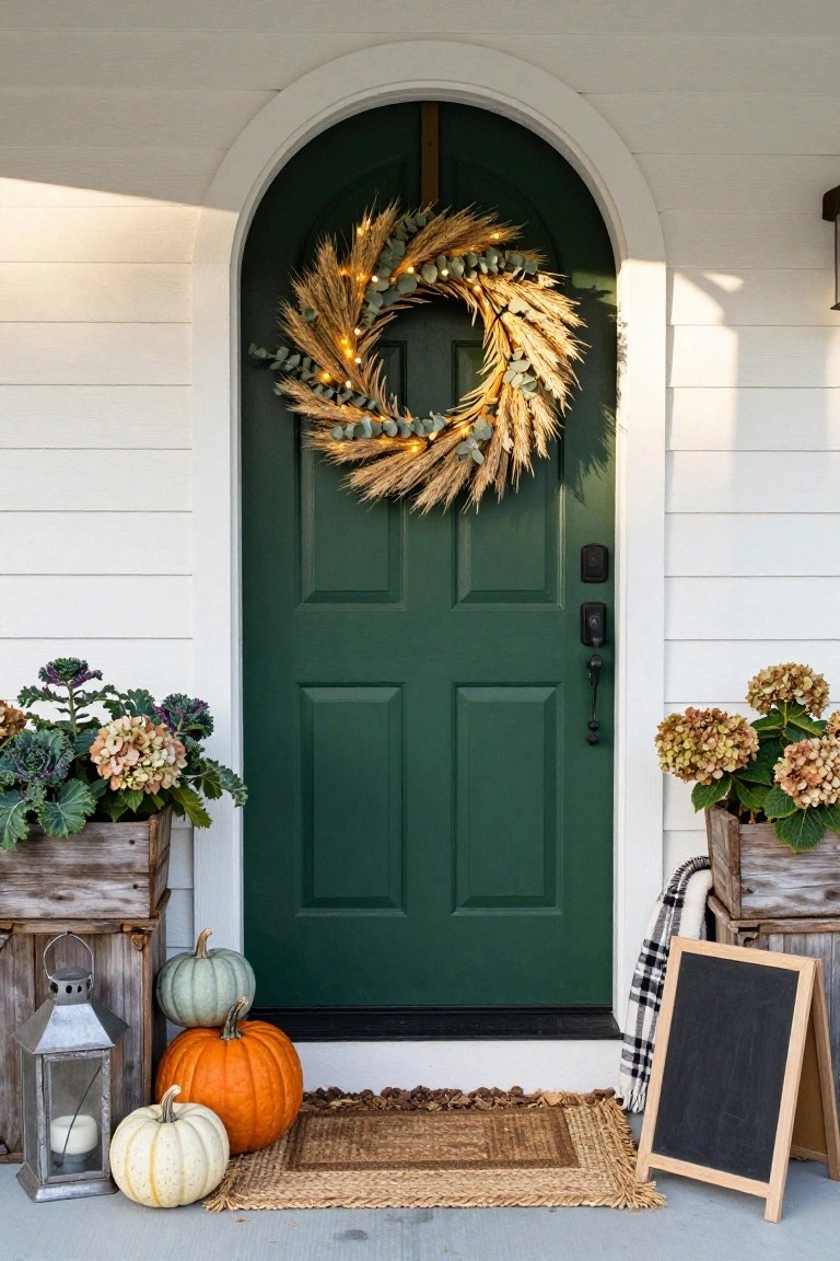 Arched green front door on white house with large wheat and eucalyptus wreath, flanked by wooden crates of kale and hydrangeas, cluster of pumpkins, metal lantern, plaid blanket, and freestanding chalkboard sign on porch stoop.