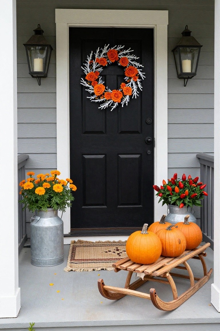 Gray house front porch with black door and orange rose wreath, flanked by lanterns and milk cans holding marigolds and red peppers, pumpkins on a wooden sled, and a woven mat.