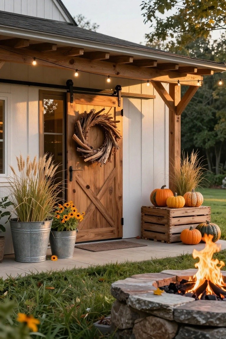 White barn-style building with sliding wooden barn door decorated by a large wheat wreath, flanked by galvanized buckets holding pampas grass and sunflowers, pumpkins on wooden crates to the side, string lights overhead, and stone fire pit with flames in grassy yard at dusk.