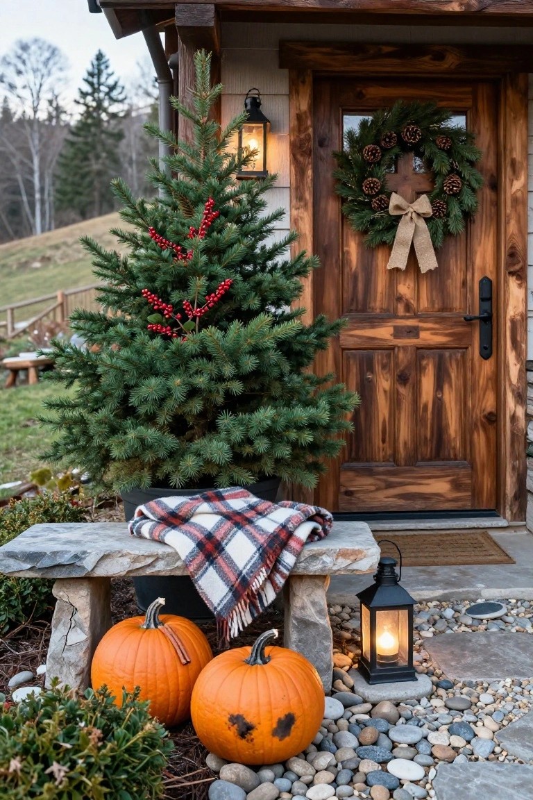 Wooden front door with pine needle wreath featuring pinecones, ribbon bow, and small cross, next to potted green evergreen tree decorated with red berries, stone bench with red-and-white plaid blanket and two orange pumpkins, black metal lanterns lit on gravel beside shrubs and distant trees.