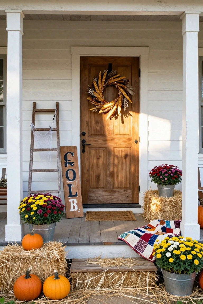White wood-sided house porch with brown wooden door and corn husk wreath, flanked by stacked hay bales holding orange pumpkins and metal buckets of yellow and pink mums, a wooden ladder with cobwebs leaning nearby, and a wooden "COB" sign.
