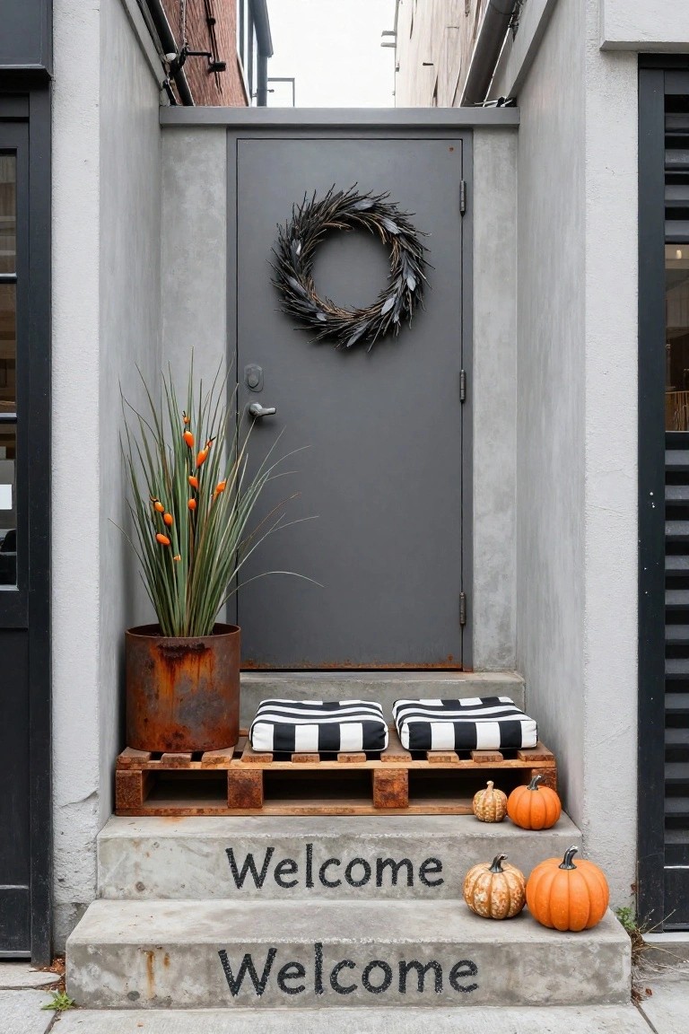 Gray metal door with black wreath in narrow outdoor alleyway, tall plant in rusted pot, pallet platform holding black-and-white cushions on concrete steps stenciled with "Welcome," and small pumpkins on steps.