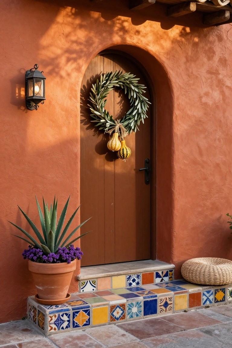 Terracotta arched doorway with olive wreath, gourd accents, potted agave, and colorful tiles.