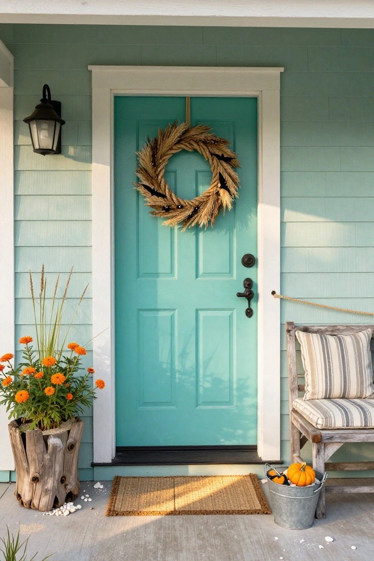 Turquoise front door on seafoam green shingle siding with wheat sheaf wreath, orange flowers in wooden stump planter, wooden bench with striped cushion, metal bucket of pumpkins, and seagrass door mat on porch.
