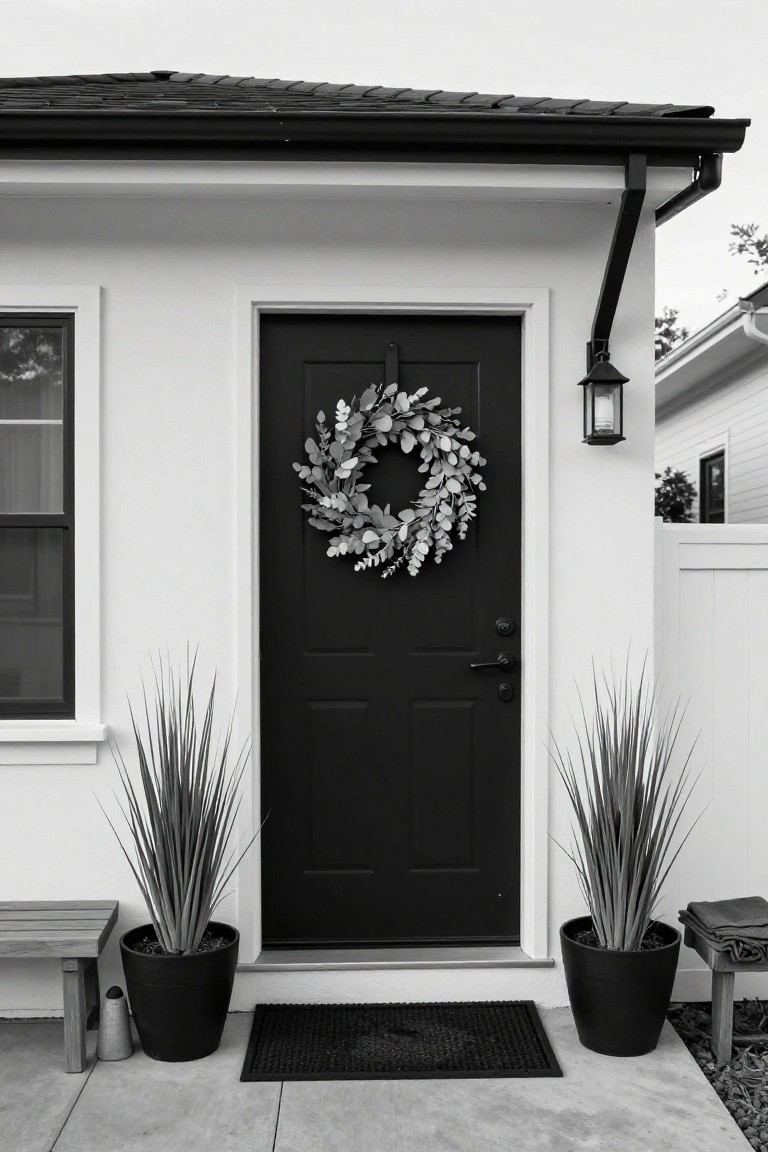 Black and white photo of a white house exterior featuring a black front door with a eucalyptus wreath, flanked by black pots of ornamental grasses, wooden benches, a lantern light, and a doormat on a concrete porch.