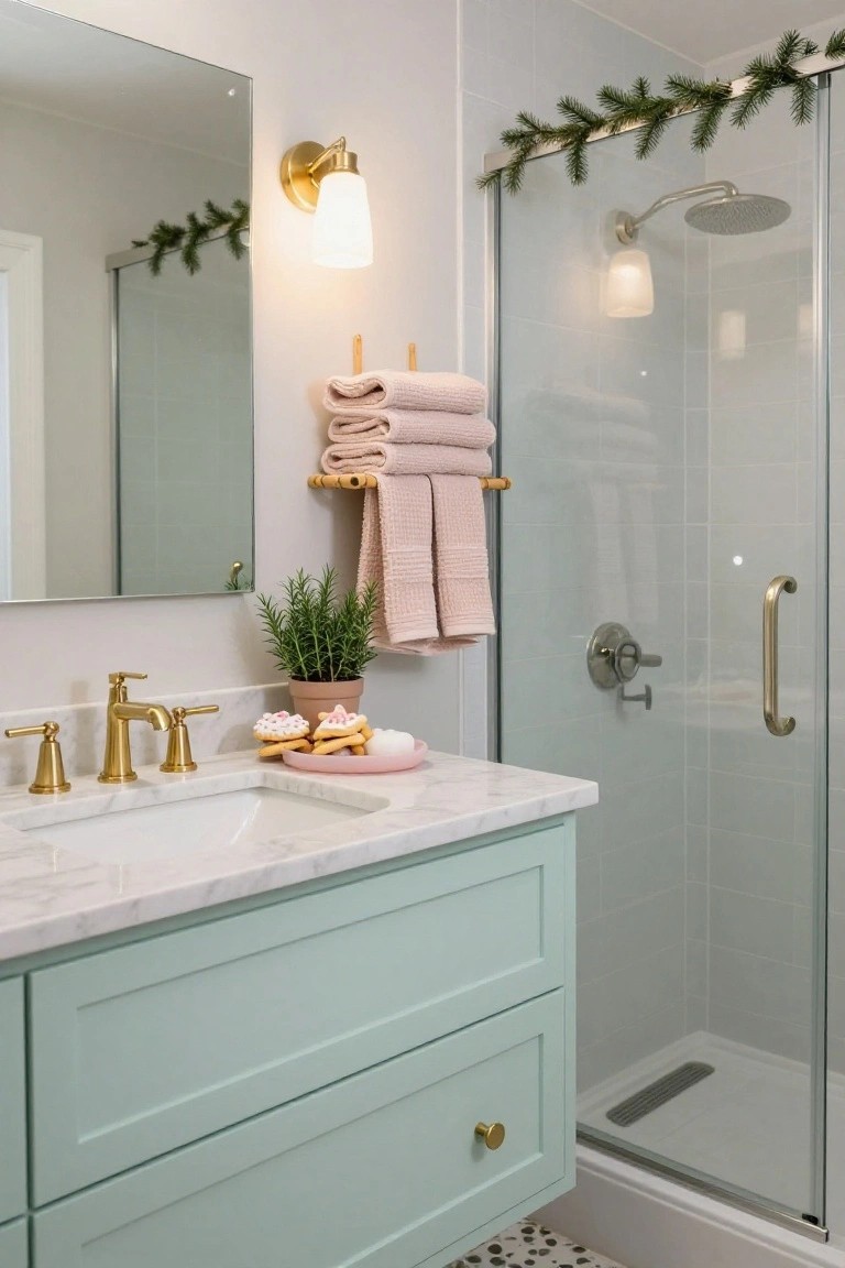 Modern bathroom with mint green vanity, white marble countertop and sink, gold faucets and hardware, pink towels on bamboo rack, potted rosemary plant, plate of Christmas cookies and soap dish, evergreen garlands along shower door and mirror, glass shower enclosure, and tiled floor.