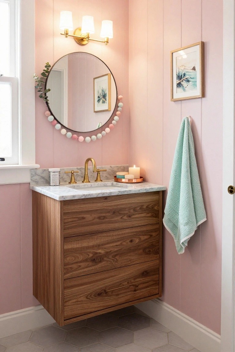 Modern pink bathroom with wood vanity, round mirror, and gold fixtures.
