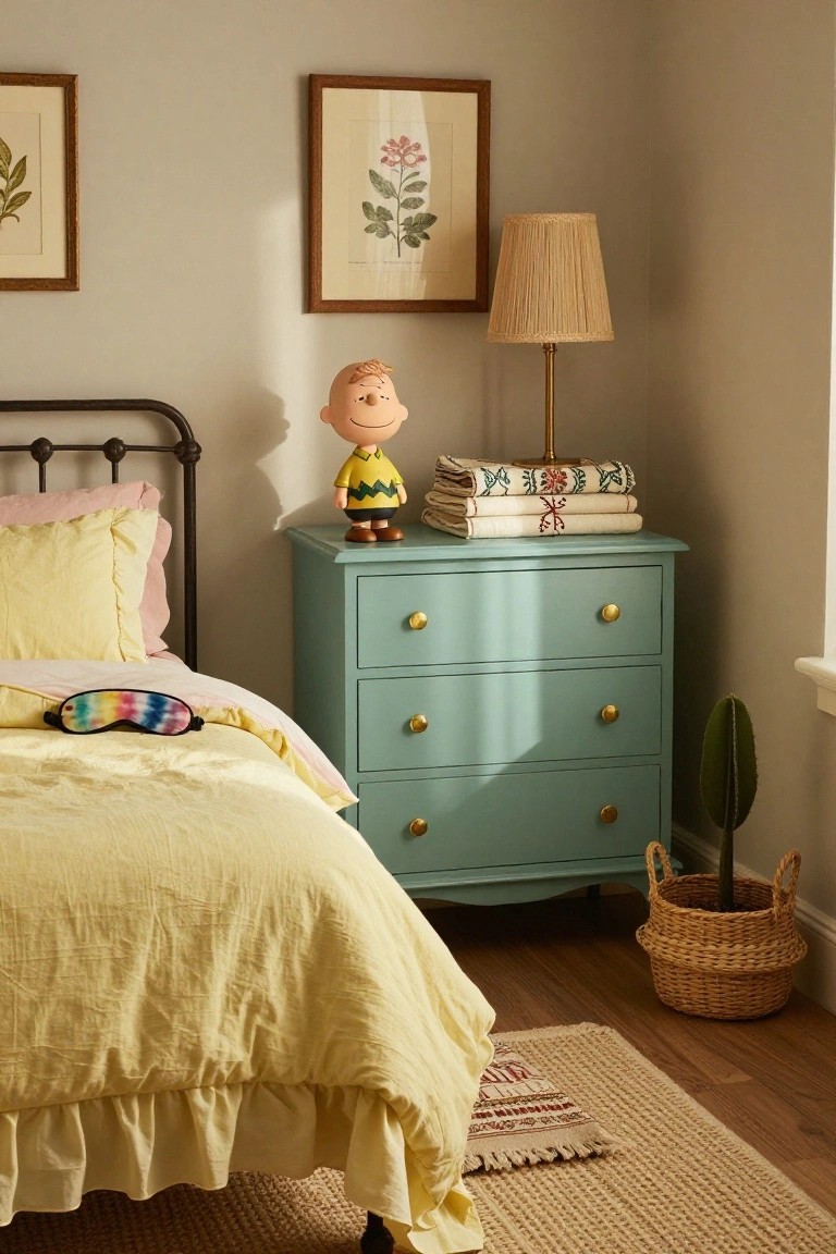 Corner of a light gray bedroom with a metal bed dressed in yellow linens and pink pillows, a teal wood dresser with brass pulls holding stacked folded fabrics and a Charlie Brown figurine, a table lamp, botanical art on walls, and a potted cactus in a woven basket on a wood floor.