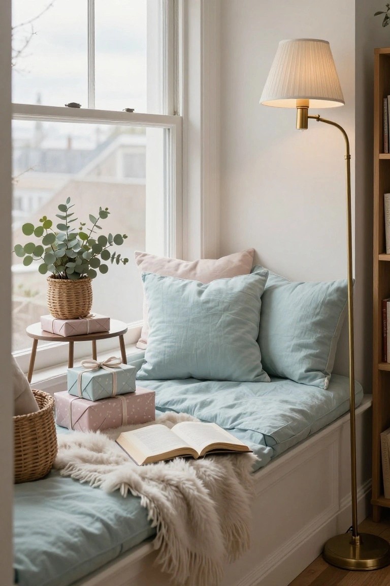 Built-in window seat with light teal cushions, white fluffy throw, open book, pastel wrapped gifts in a wicker basket, eucalyptus plant in basket pot on small wood table, brass arc lamp, and white bookshelves next to large window.