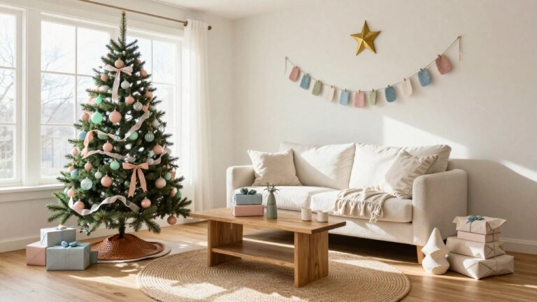 A living room with a green Christmas tree decorated in pastel pink, teal, and white ornaments and ribbons, positioned beside a cream slipcovered sofa, wooden cabinet, and neutral furnishings.