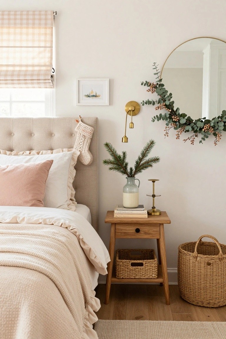 Cozy bedroom corner featuring tufted beige headboard with knit stocking, ruffled white bedding and pink pillow, wooden nightstand with books milk jug of fir branches and candle holder, gold mirror framed by eucalyptus and berry garland, brass sconce, and checkered roman shade.